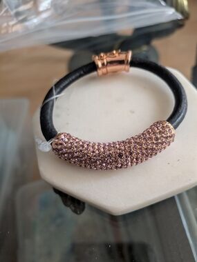Joan Boyce Black Leather Bracelet with Rose Gold Crystal Tube